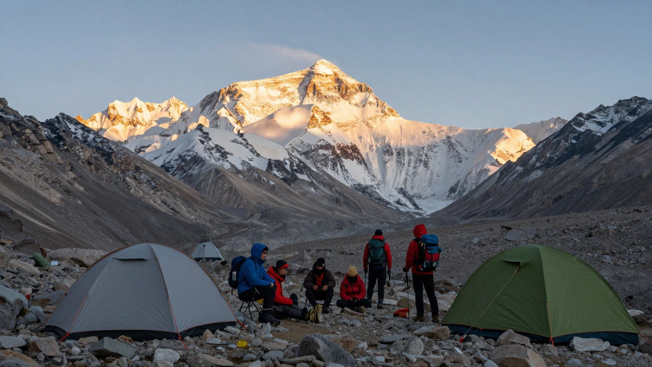 Trekkers camping in remote high-altitude mountains