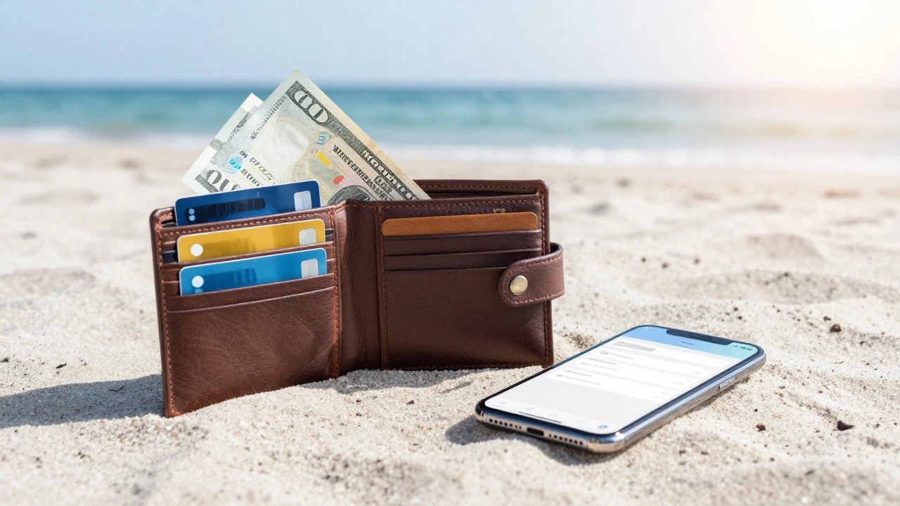 Wallet with cash and cards on a sandy beach