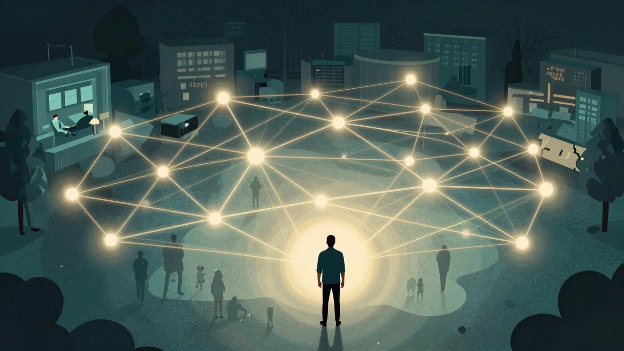 Abstract illustration of a person connected to a glowing network of social links