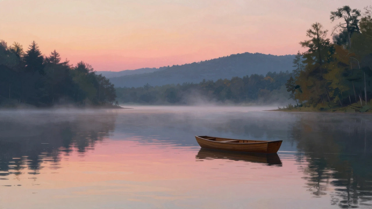 Boat floating on a calm lake surrounded by misty hills