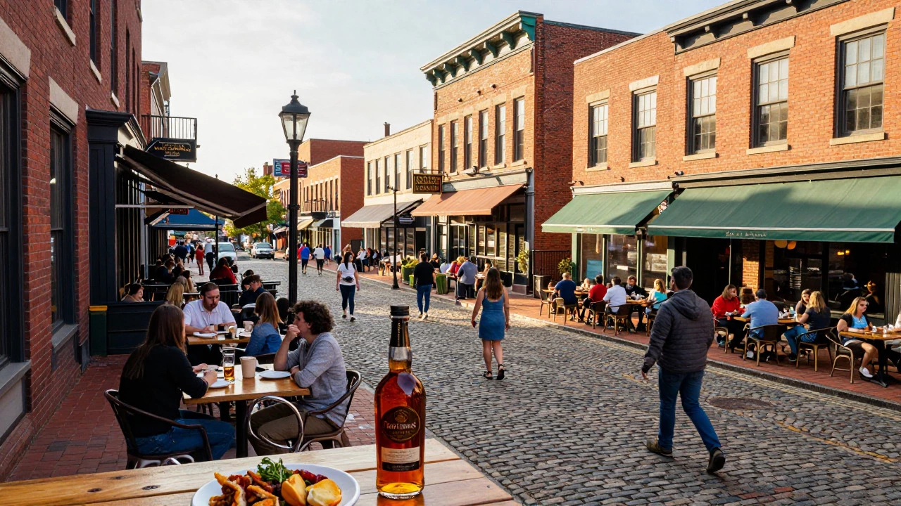 Bustling downtown street with cafes and bourbon bottles