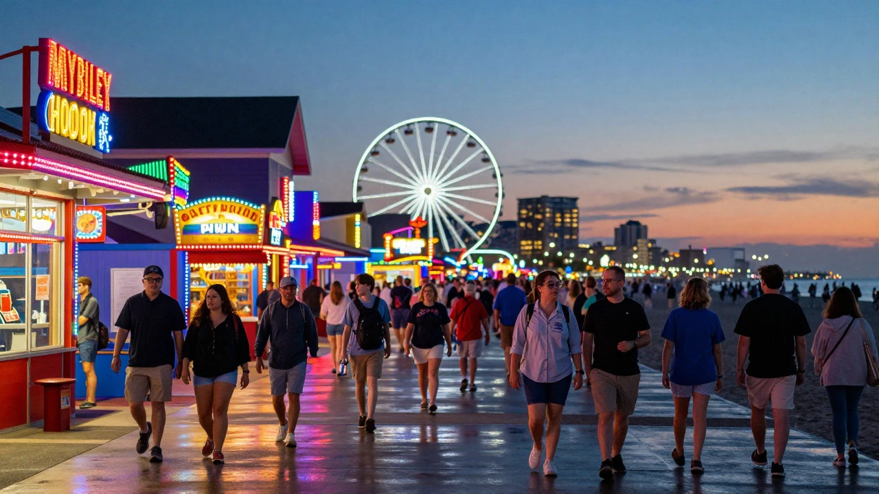 Busy Myrtle Beach boardwalk with neon lights and crowds