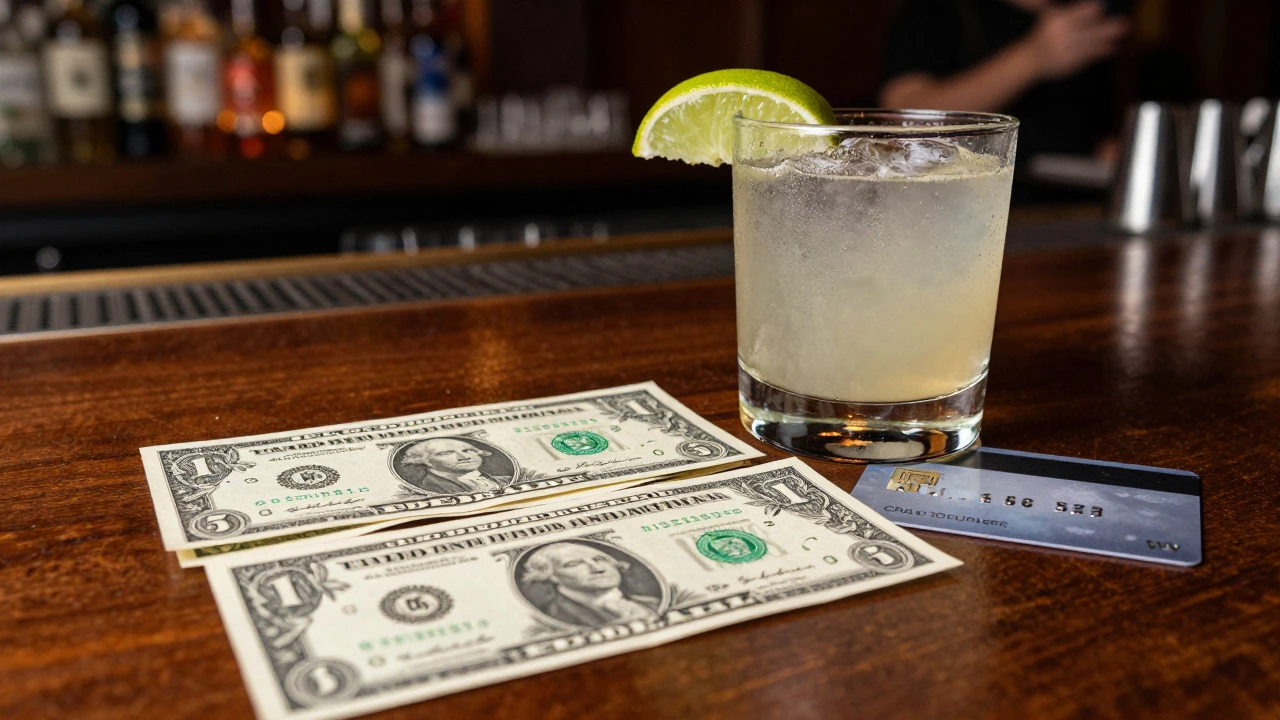 Cash bills and credit card on bar table next to cocktail
