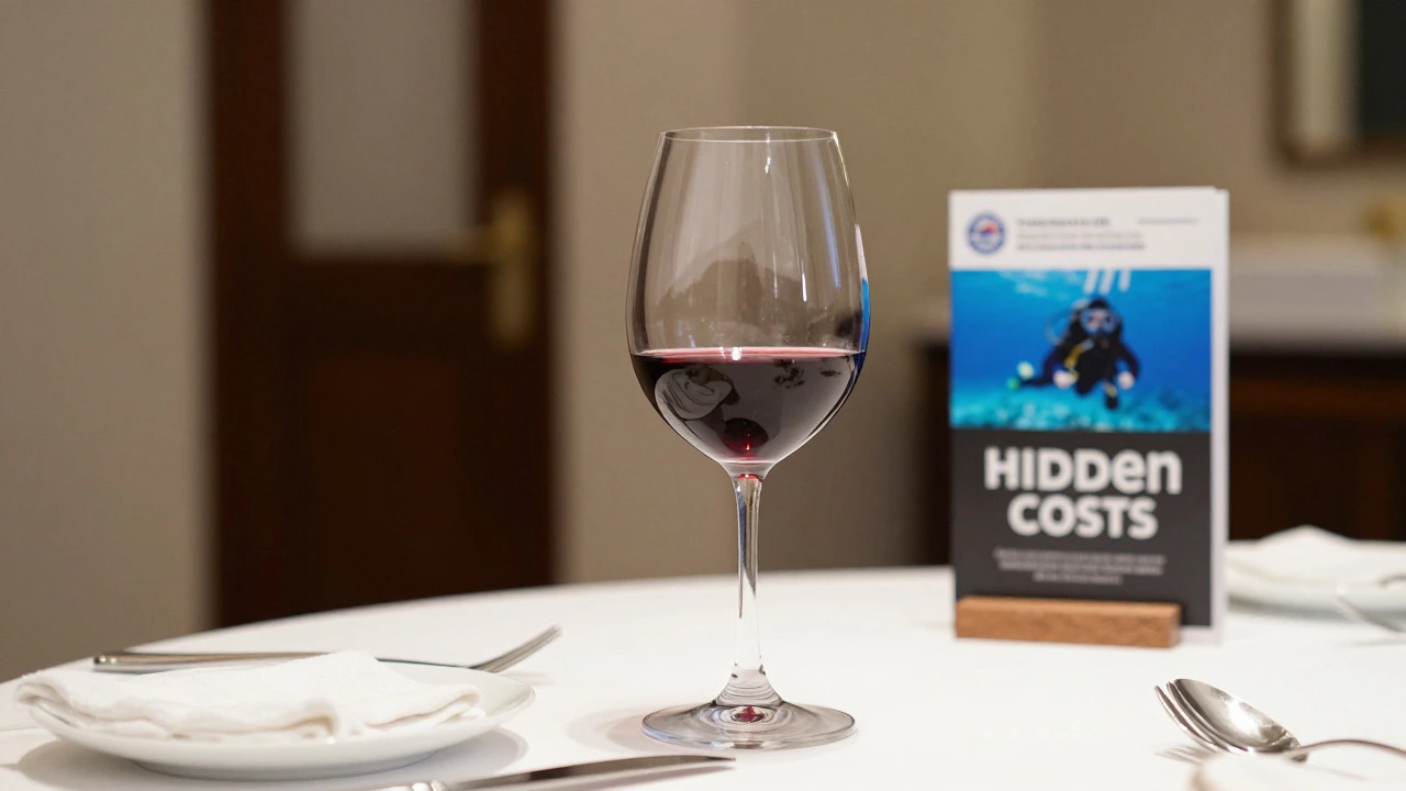 Close-up of a glass of red wine on a resort table with spa and excursion brochures in the background