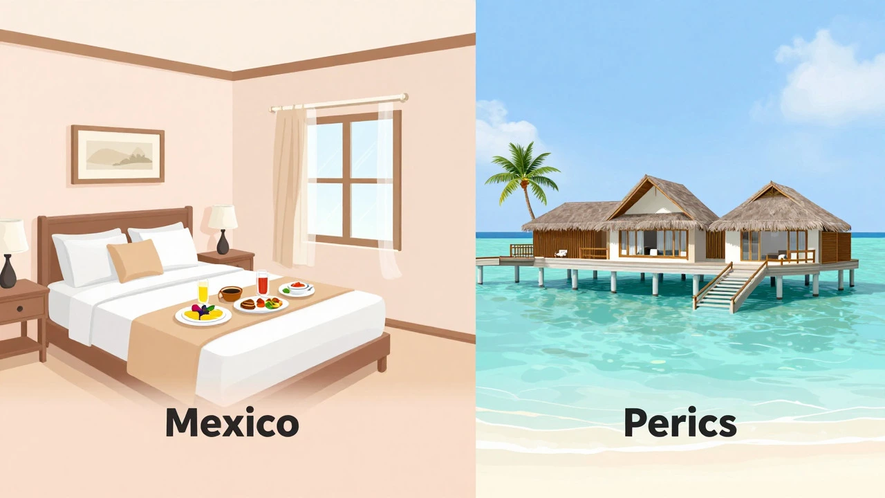 Comparison of budget hotel room and luxury overwater villa