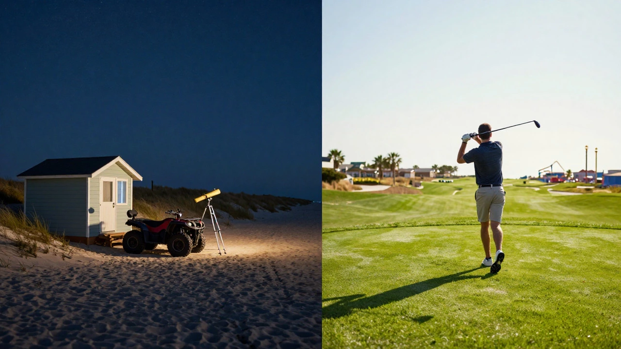 Contrast between quiet Outer Banks cottage and busy Myrtle Beach golf