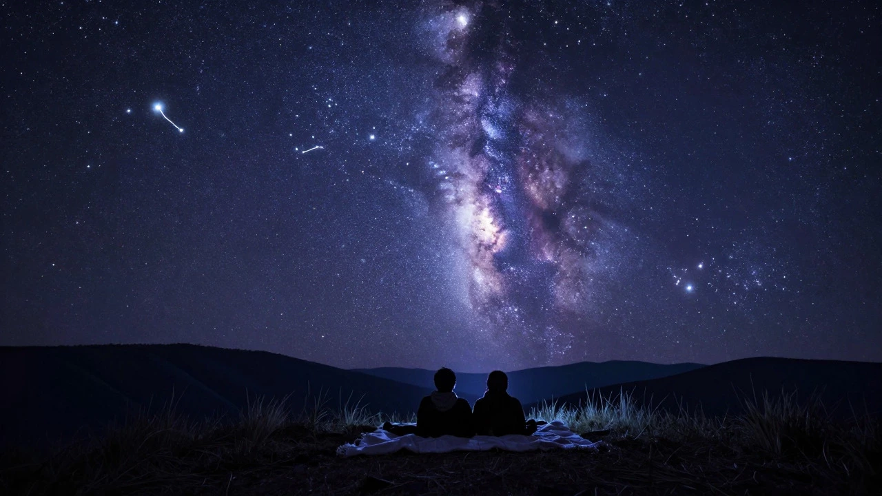 Couple lying on a blanket admiring stars in a dark countryside