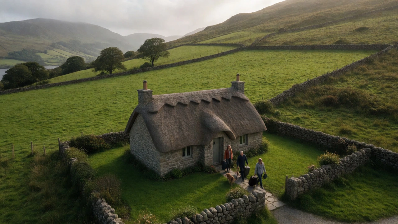 Family arriving at rural UK stone cottage