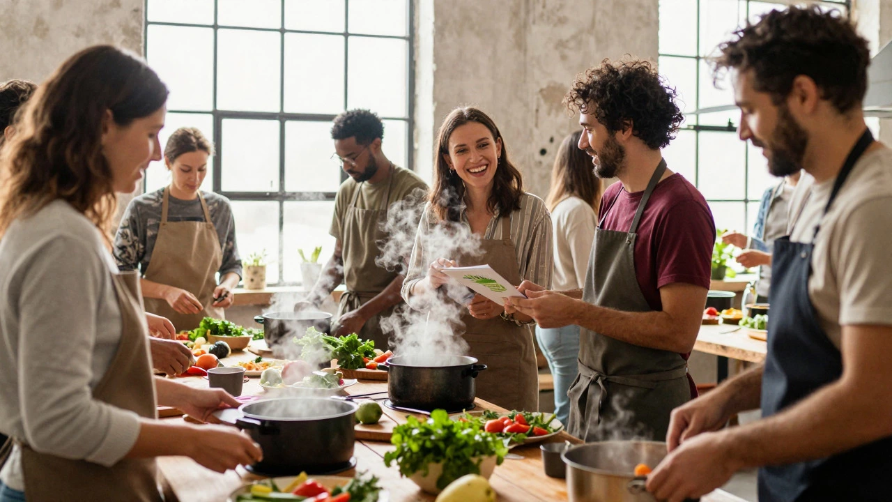 Group of people interacting and laughing during a community cooking class