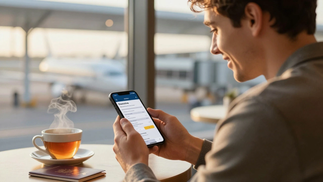 Happy traveler checking flight deal on phone at airport cafe