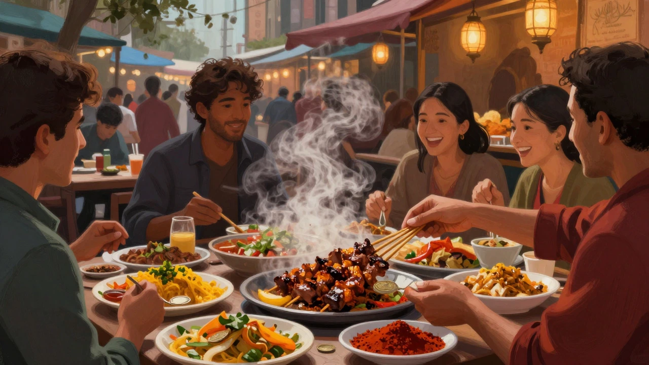 Illustration of people sharing food at a vibrant city market stall