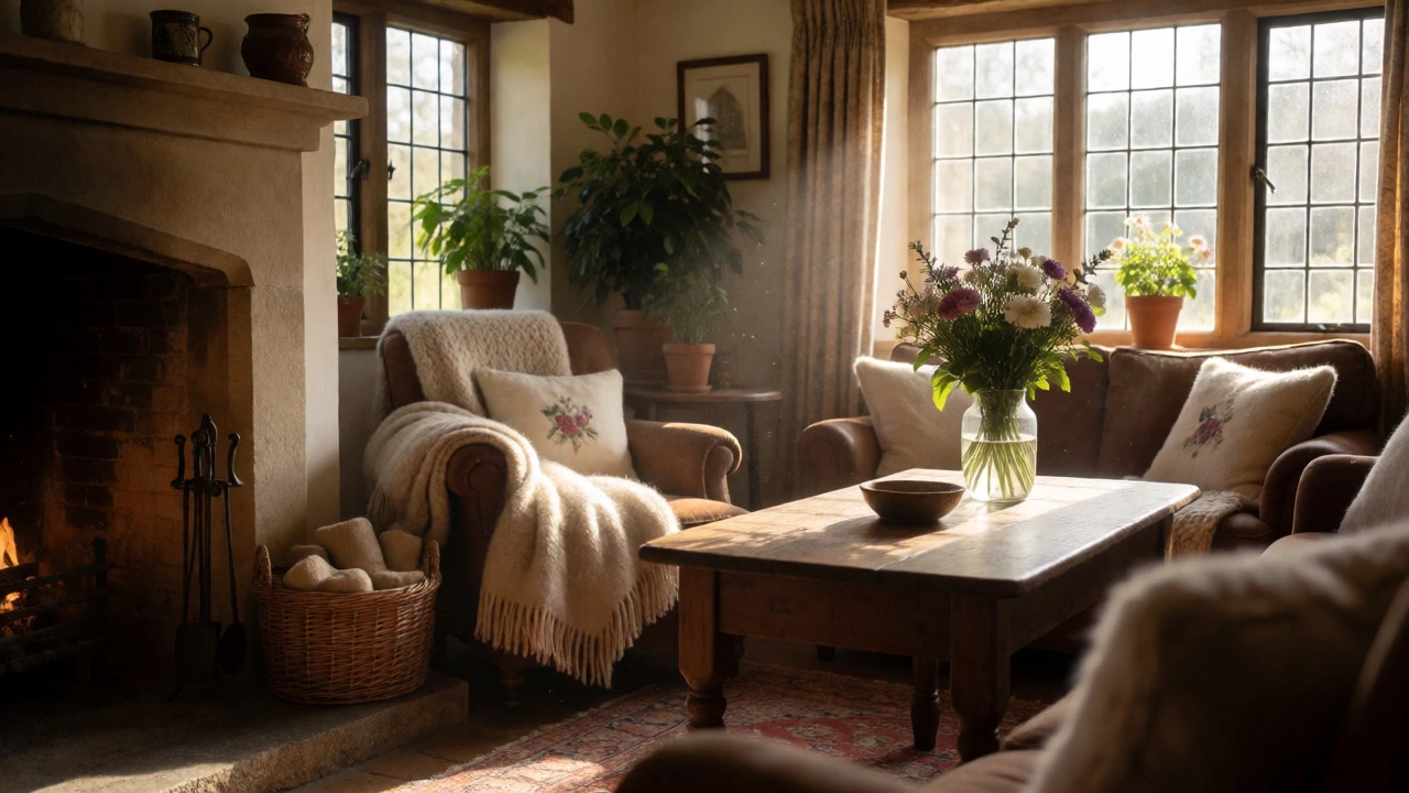Luxury inspected cottage interior with fireplace
