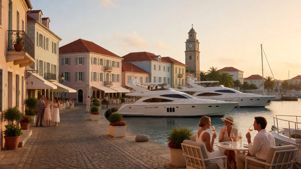 Luxury yachts and pastel colonial buildings in Gustavia Harbor, St. Barths, during a warm golden hour sunset.