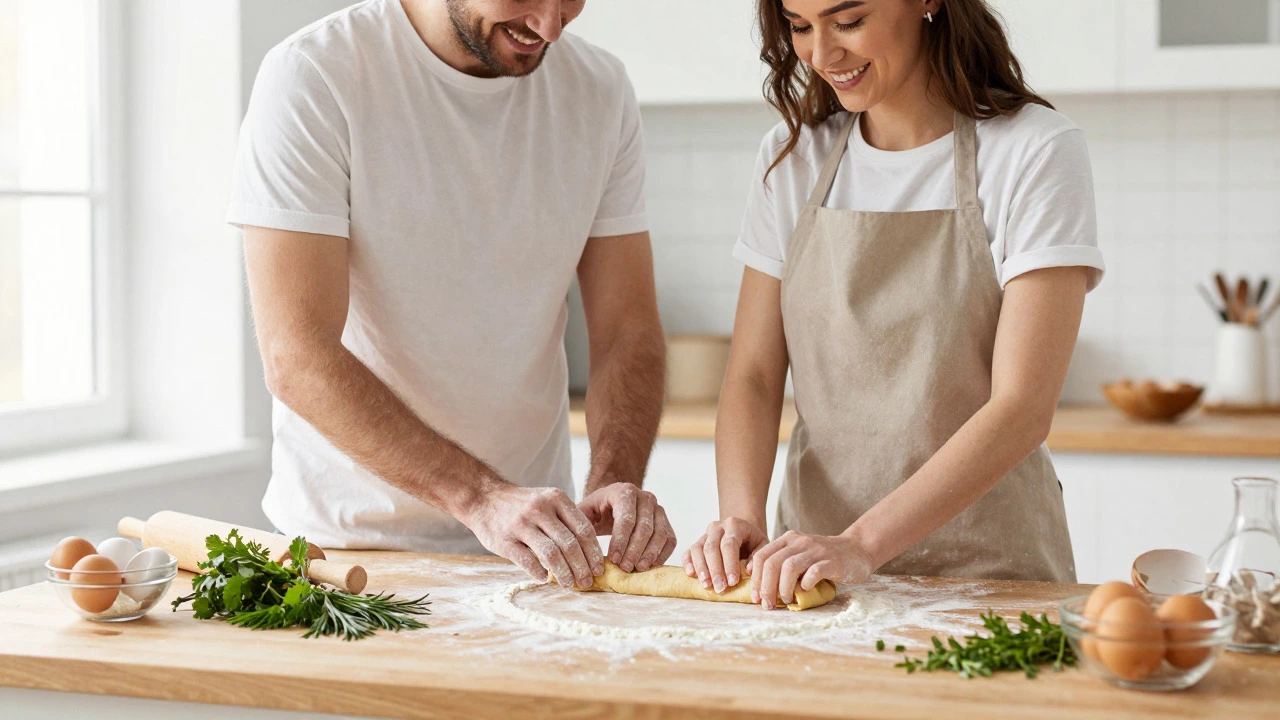 Man and woman happily making pasta together in a sunlit kitchen