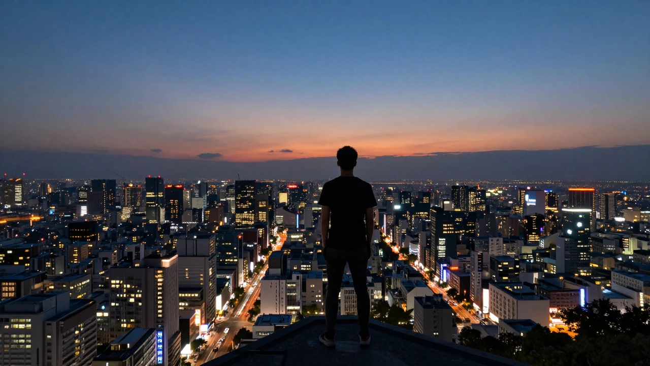 Person overlooking a glowing city skyline at twilight from a high vantage point