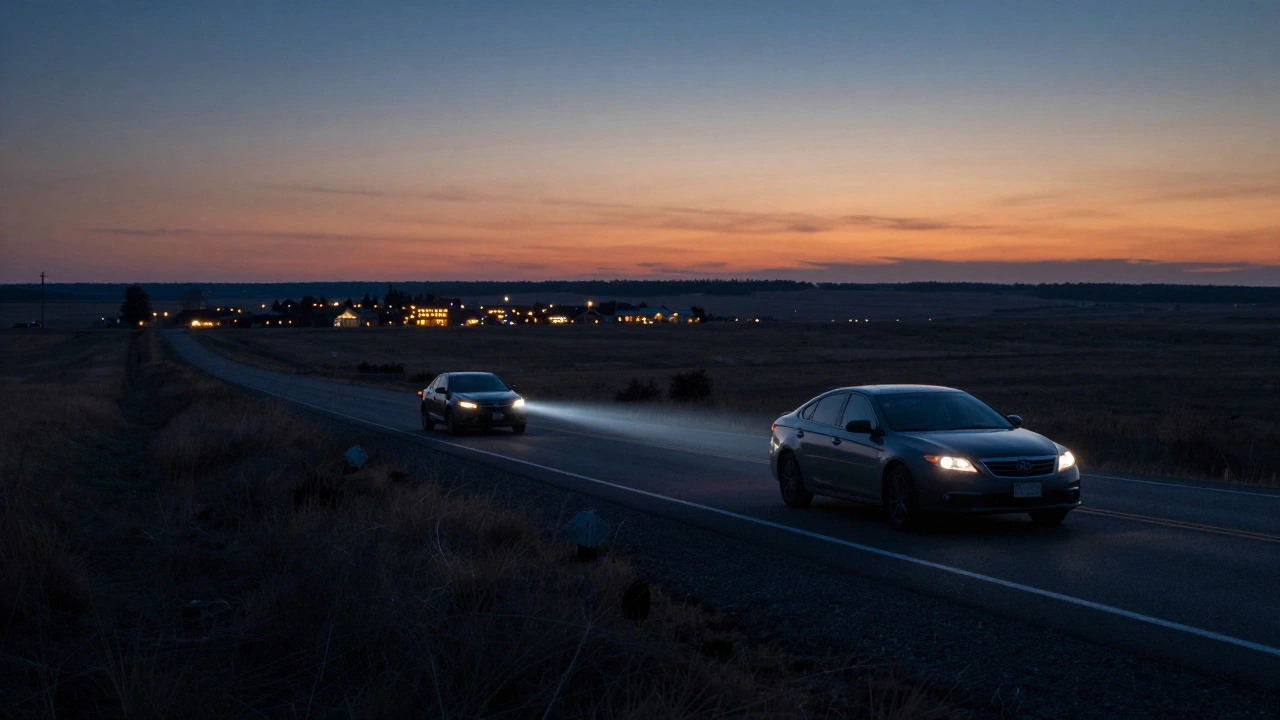 Rental car parked on a highway at dusk approaching a small Midwestern town