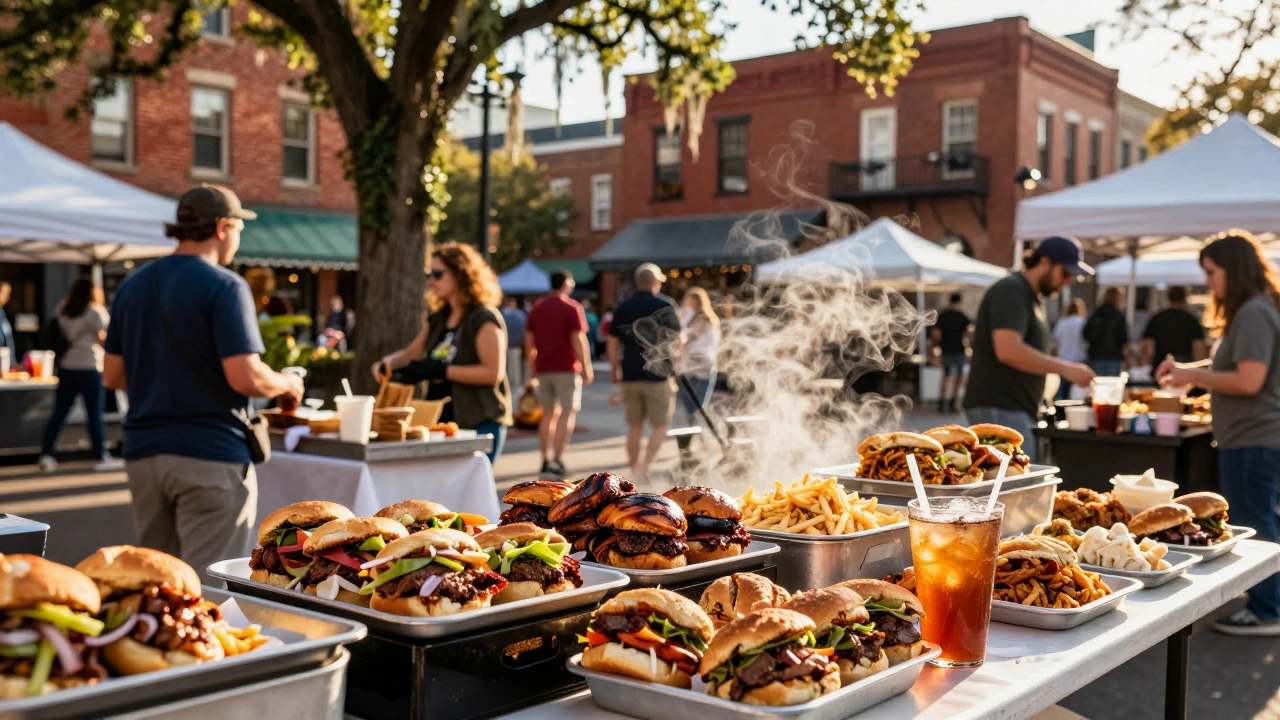 Street food vendor serving barbecue in a historic Southern city square