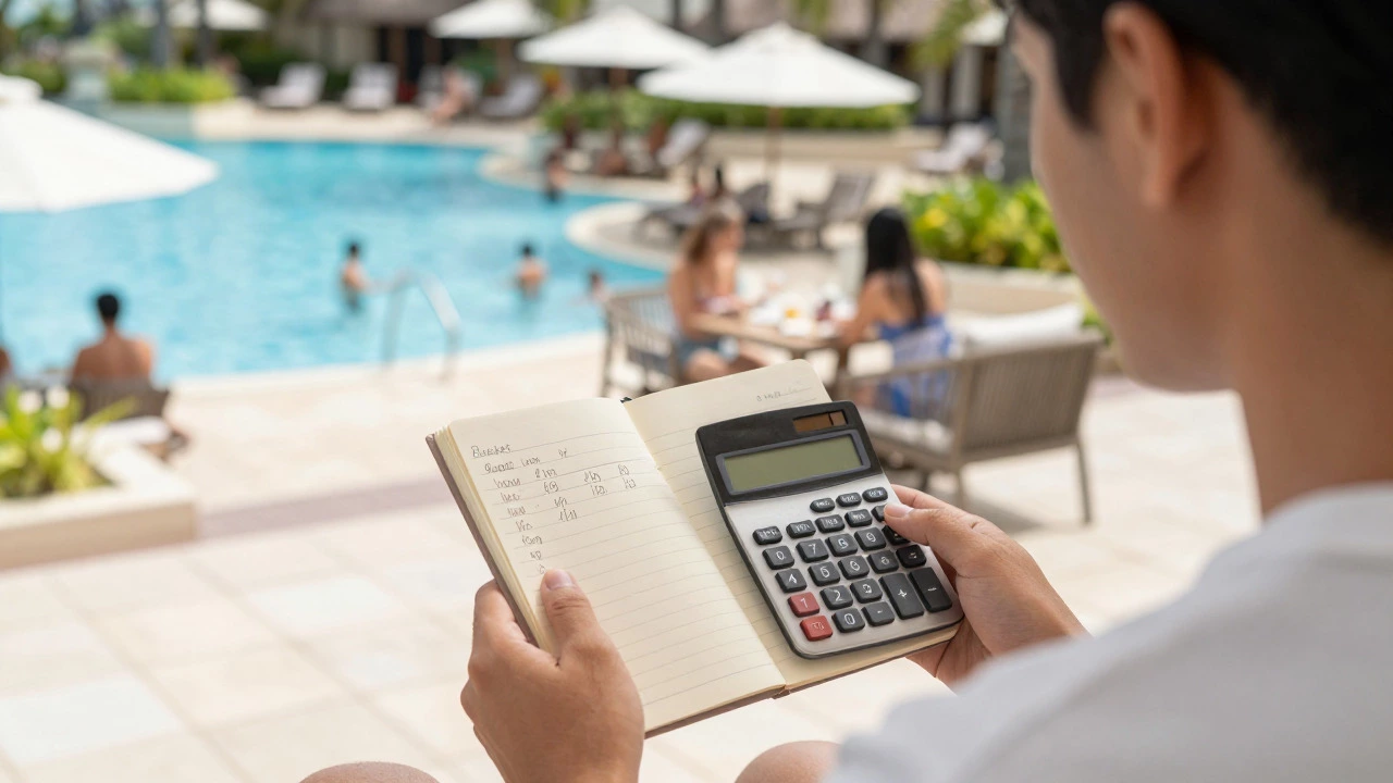 Traveler calculating expenses at a resort terrace while guests enjoy activities in the distance