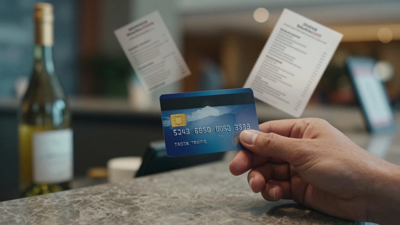 Traveler paying at resort desk with hidden cost symbols
