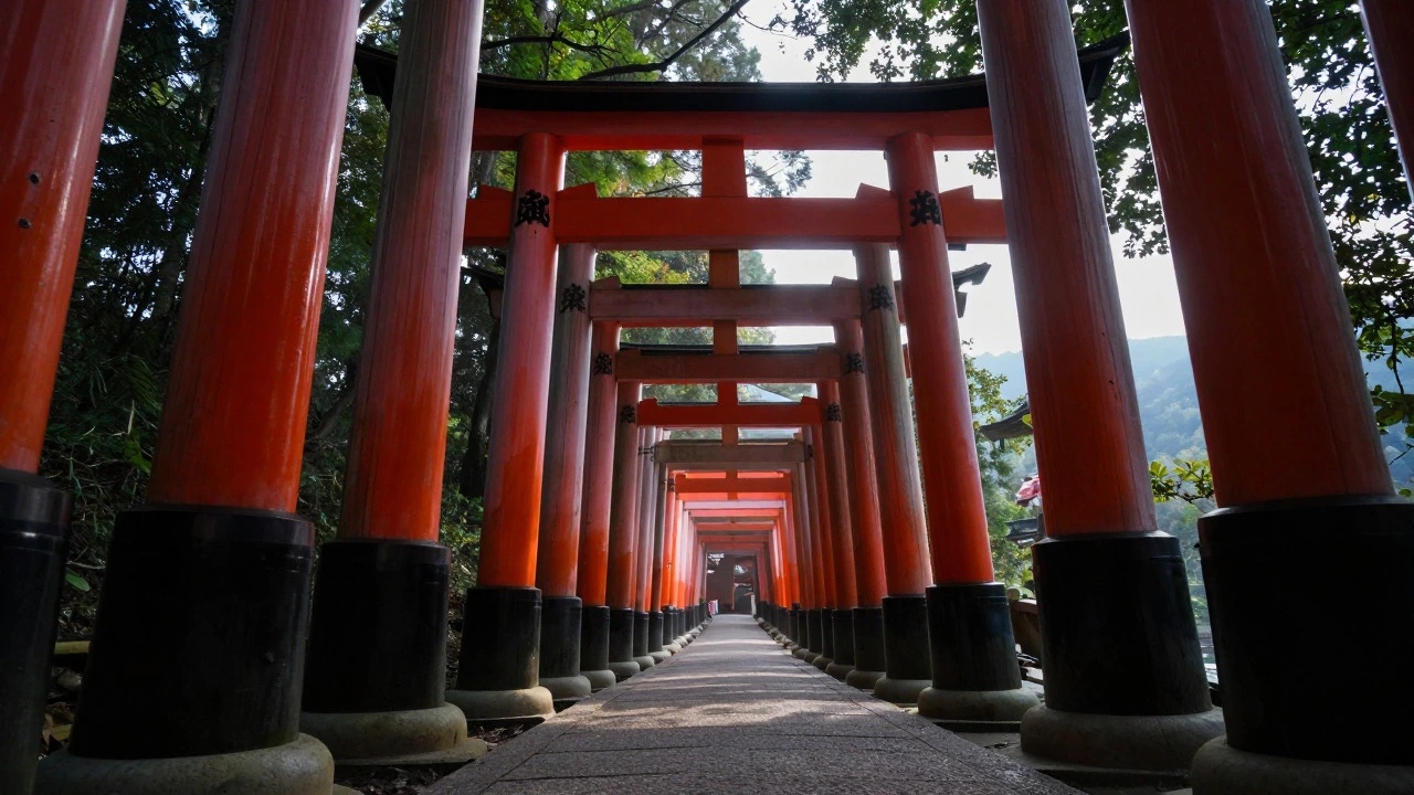 Vermilion torii gates stretching into the distance in Kyoto, Japan