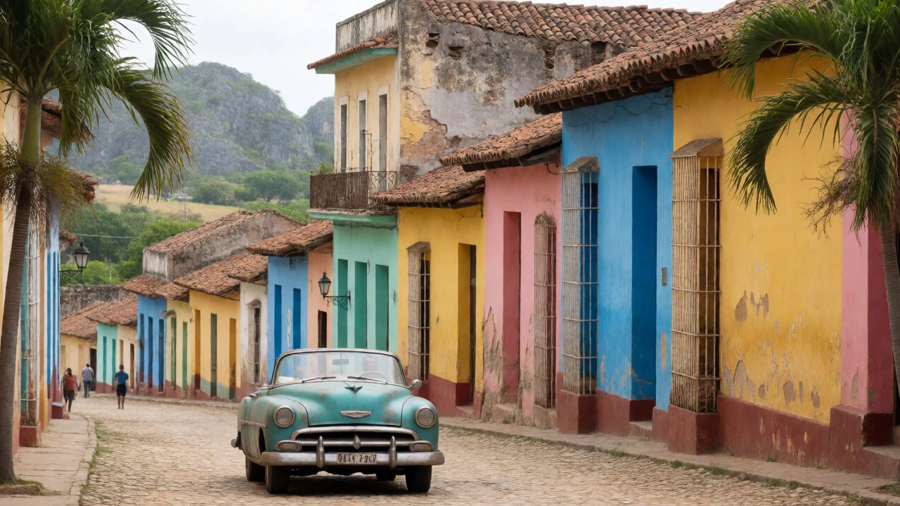 Vintage 1950s car driving past colorful crumbling colonial buildings on a cobblestone street in Trinidad, Cuba.