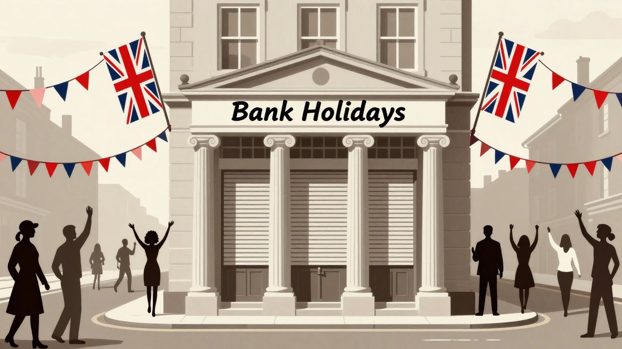 Vintage illustration of closed banks and street celebrations for Bank Holidays