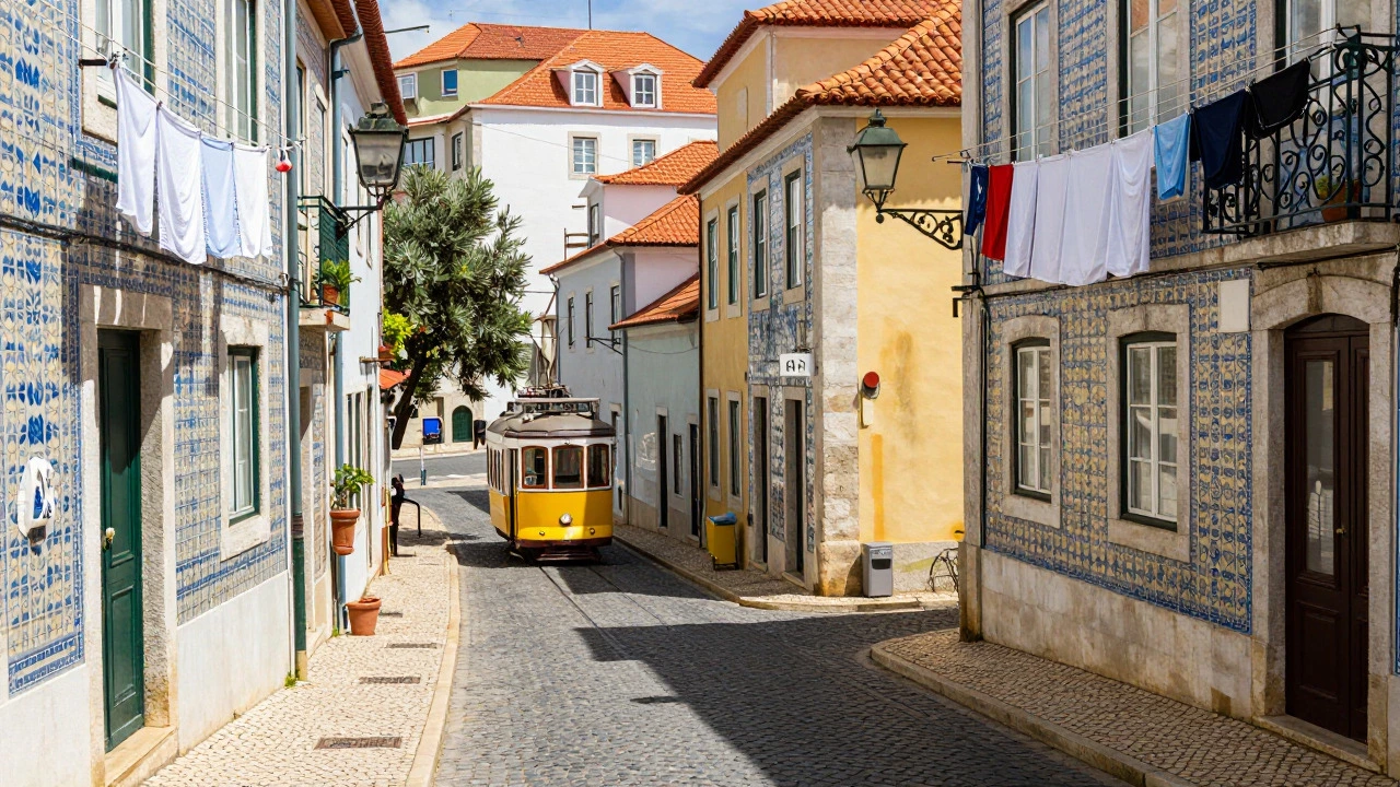 Yellow tram navigating narrow tiled streets in the Alfama district of Lisbon