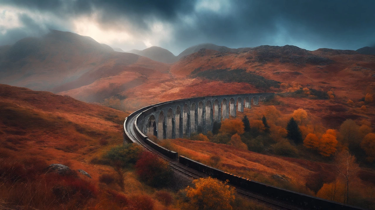 Autumn view of Glenfinnan Viaduct in the Scottish Highlands with red bracken and misty mountains.