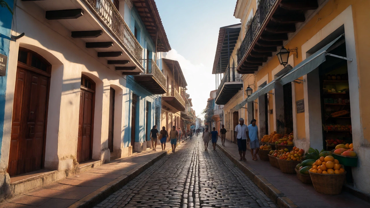 Colorful colonial streets and fruit vendors in Santo Domingo