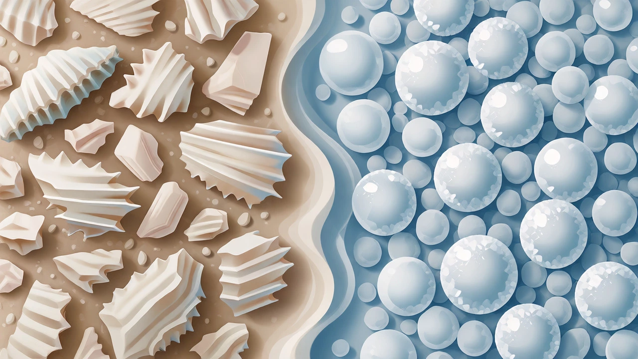 Conceptual comparison of jagged coral sand grains versus round silica quartz crystals