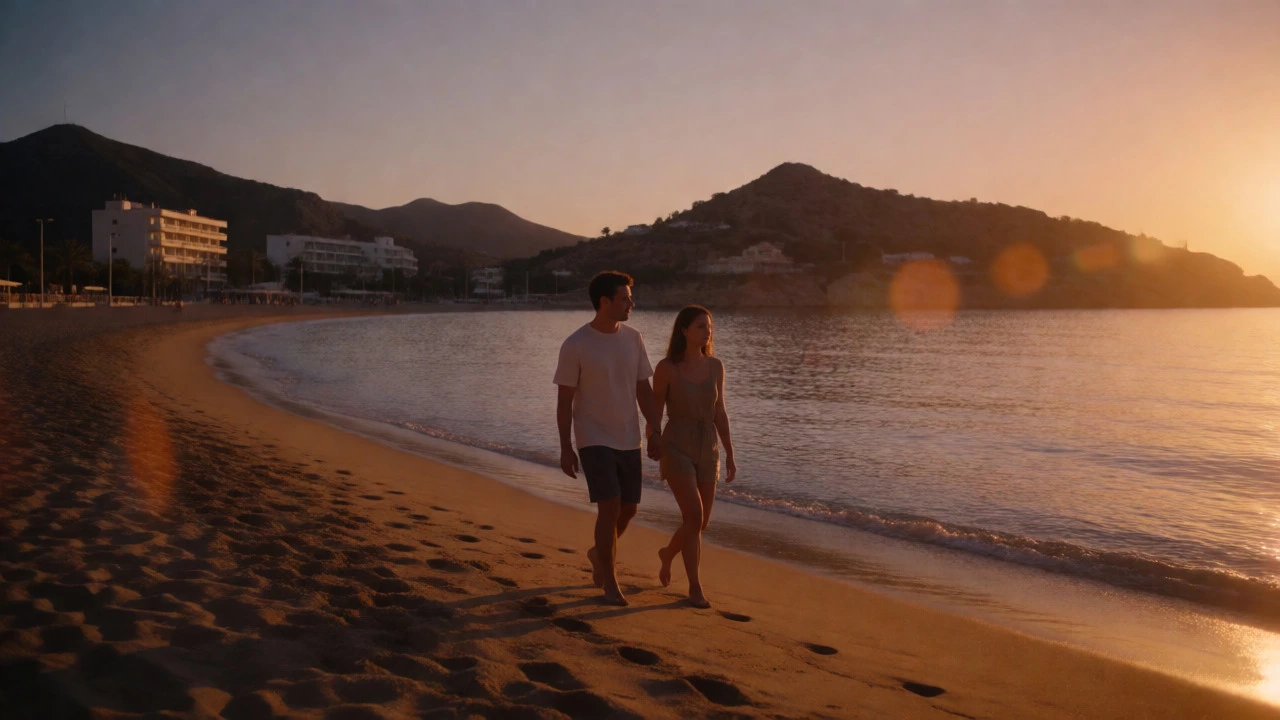 Couple enjoying a peaceful sunset walk on a budget-friendly beach