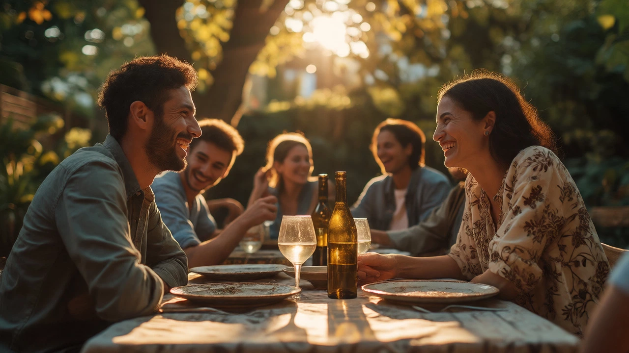Couple smiling at each other during outdoor dinner with friends