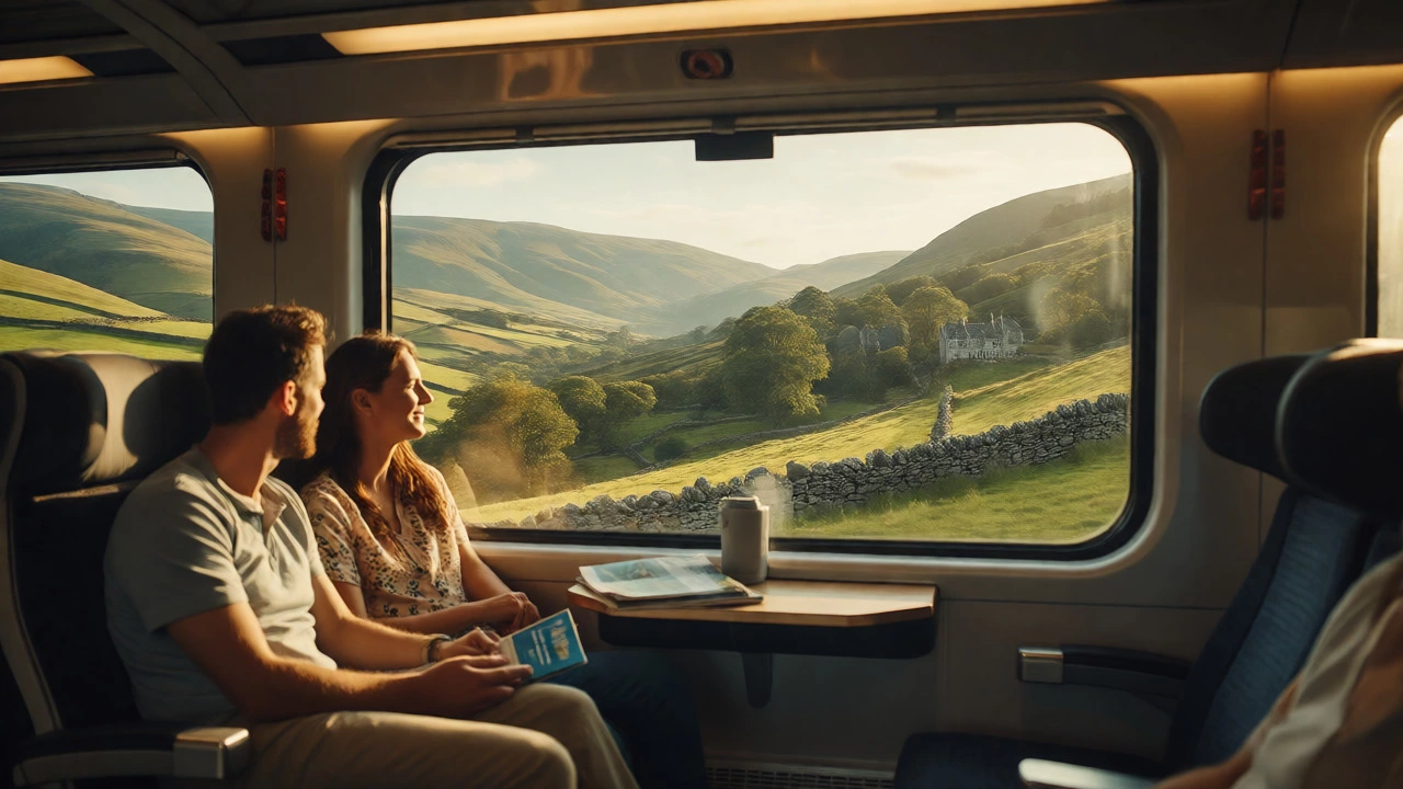Couple viewing British countryside from a train window
