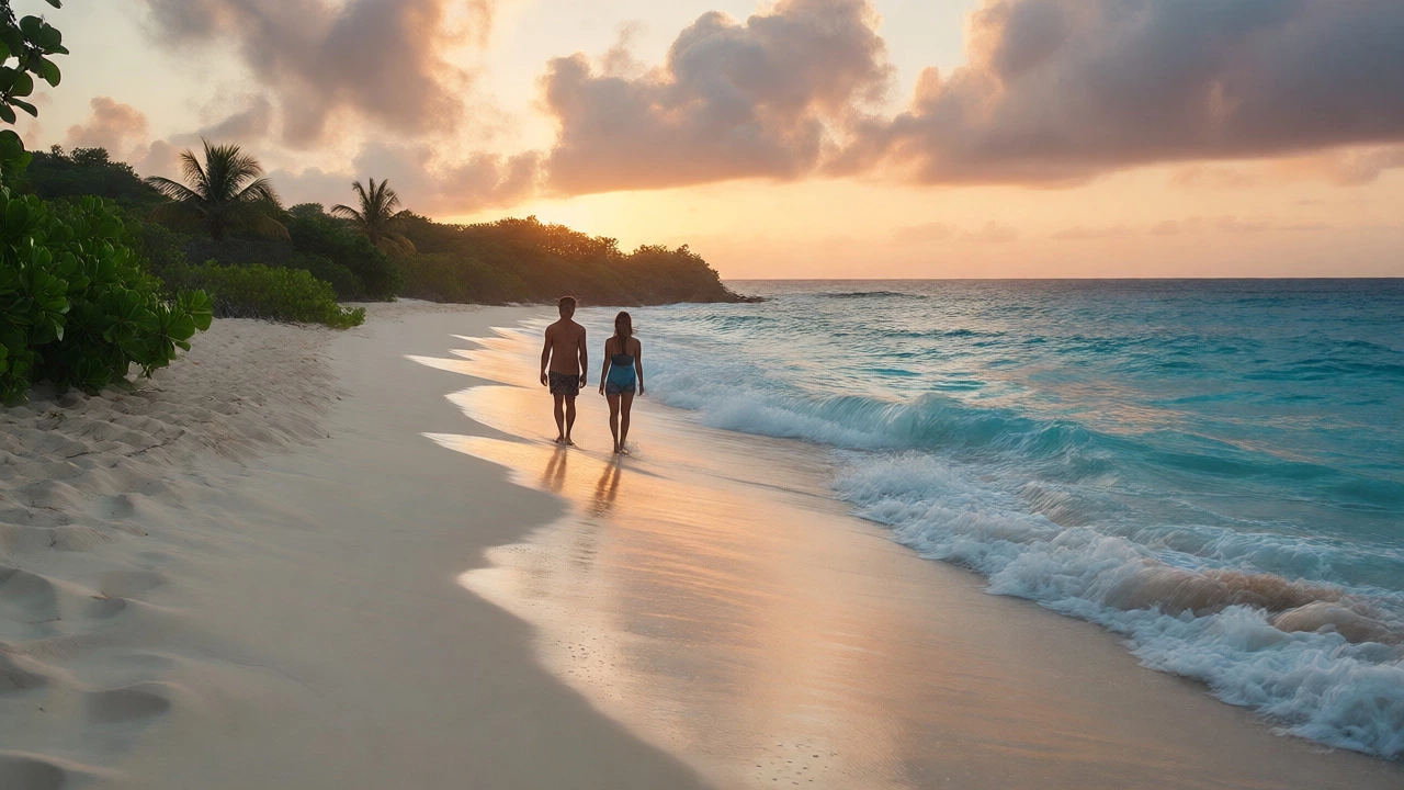 Couple walking on the pristine white sands of Playa Rincón in Samaná