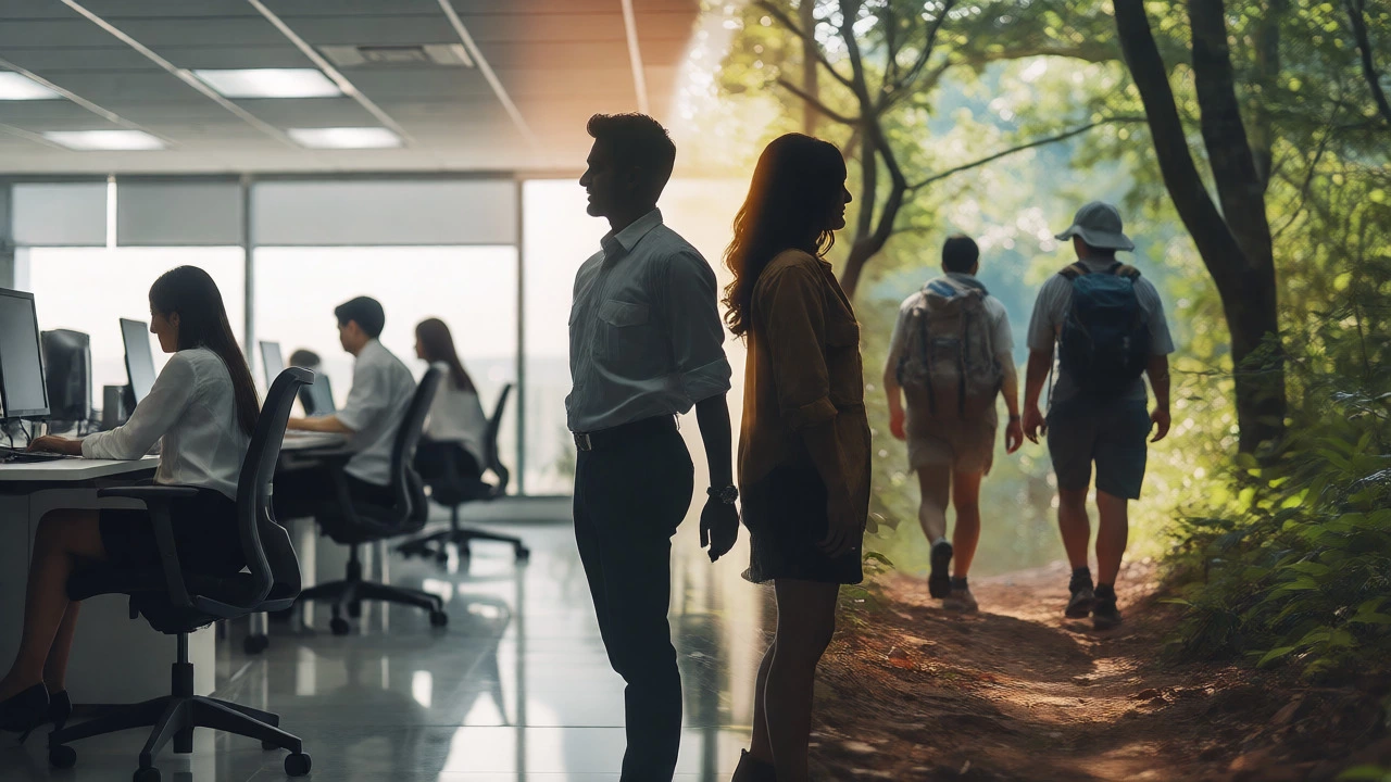 Double exposure of office worker and hiker merging into couple