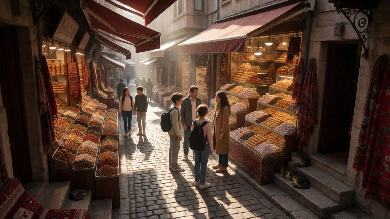 Family browsing sweets in a historic Istanbul alleyway with dramatic sunlight and shadows.