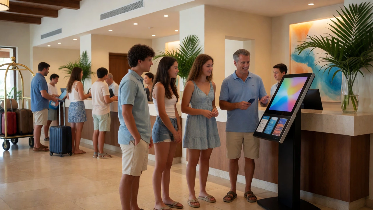 Family of four consulting booking details at luxury resort reception desk
