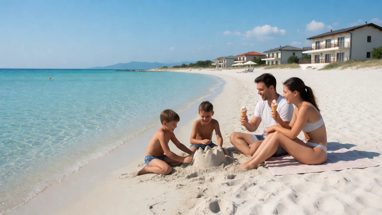 Family relaxing on a sunny Bulgarian beach with clear turquoise water and sandcastles.