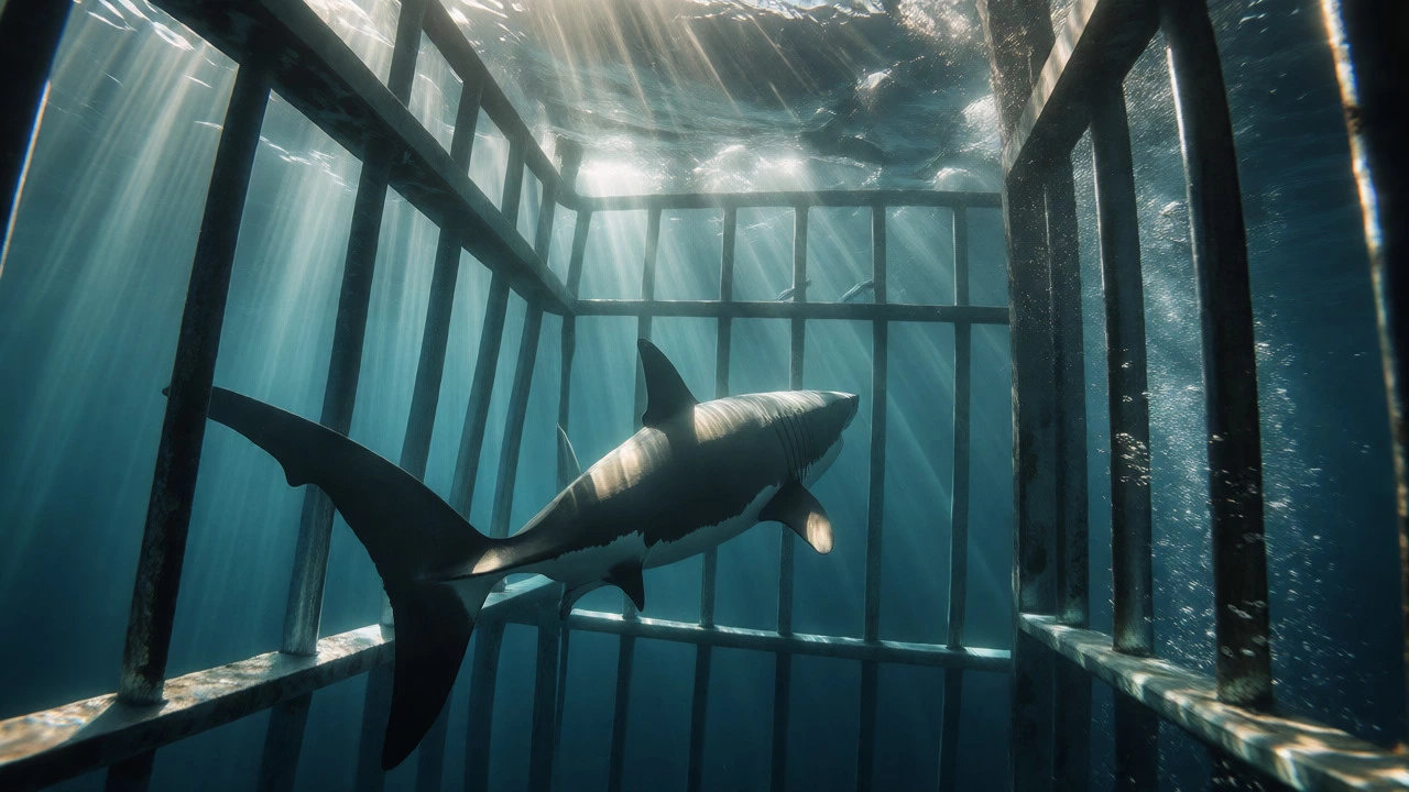 Great white shark seen from a diving cage