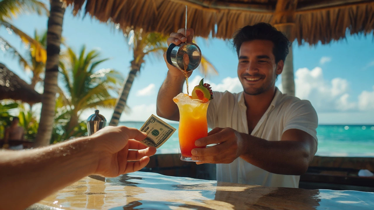 Guest handing cash to a bartender at a sunny resort swim-up bar