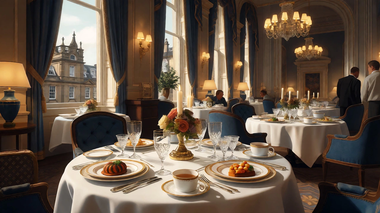 Luxury hotel dining scene with historic architectural views