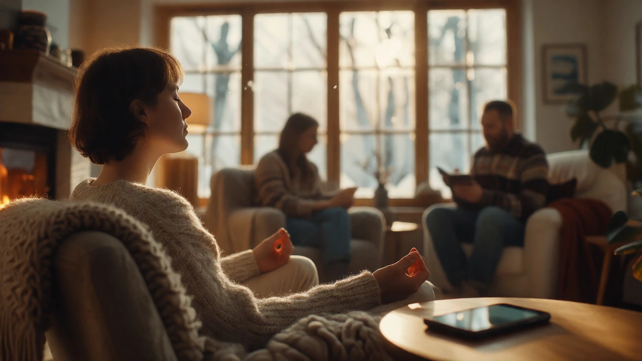 Person meditating by fireplace, ignoring phone, enjoying mindful holiday moment
