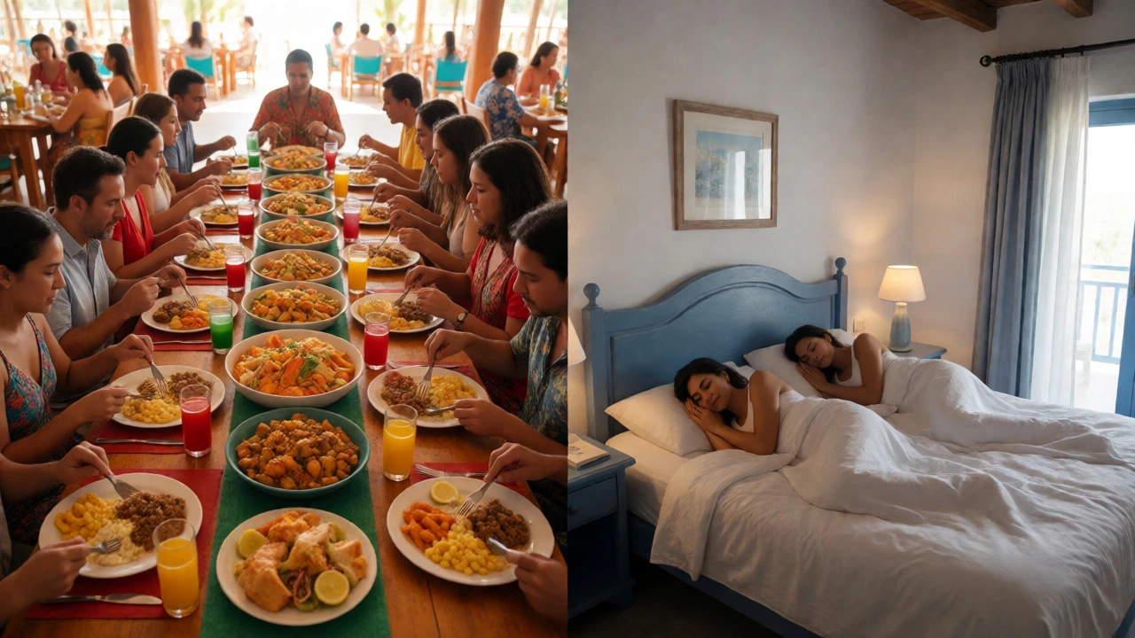 Split image contrasting crowded buffet dining with quiet boutique hotel stay