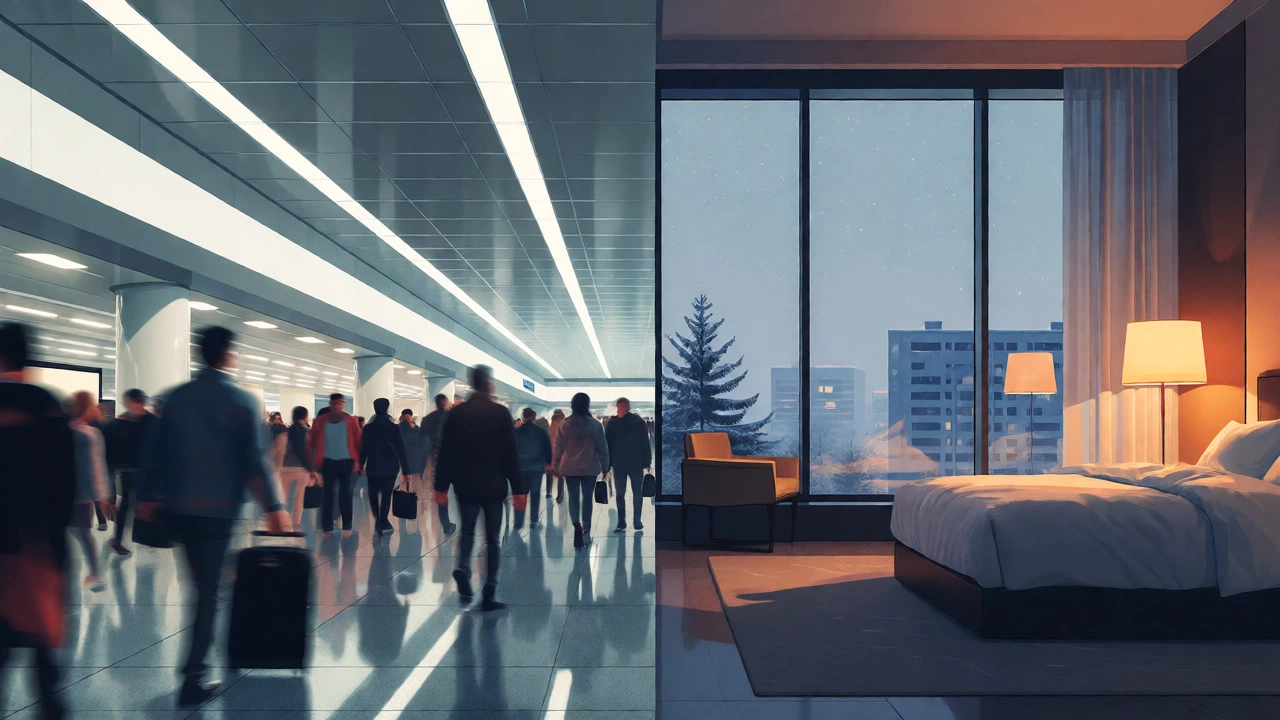 Split image showing busy airport vs. calm winter hotel room