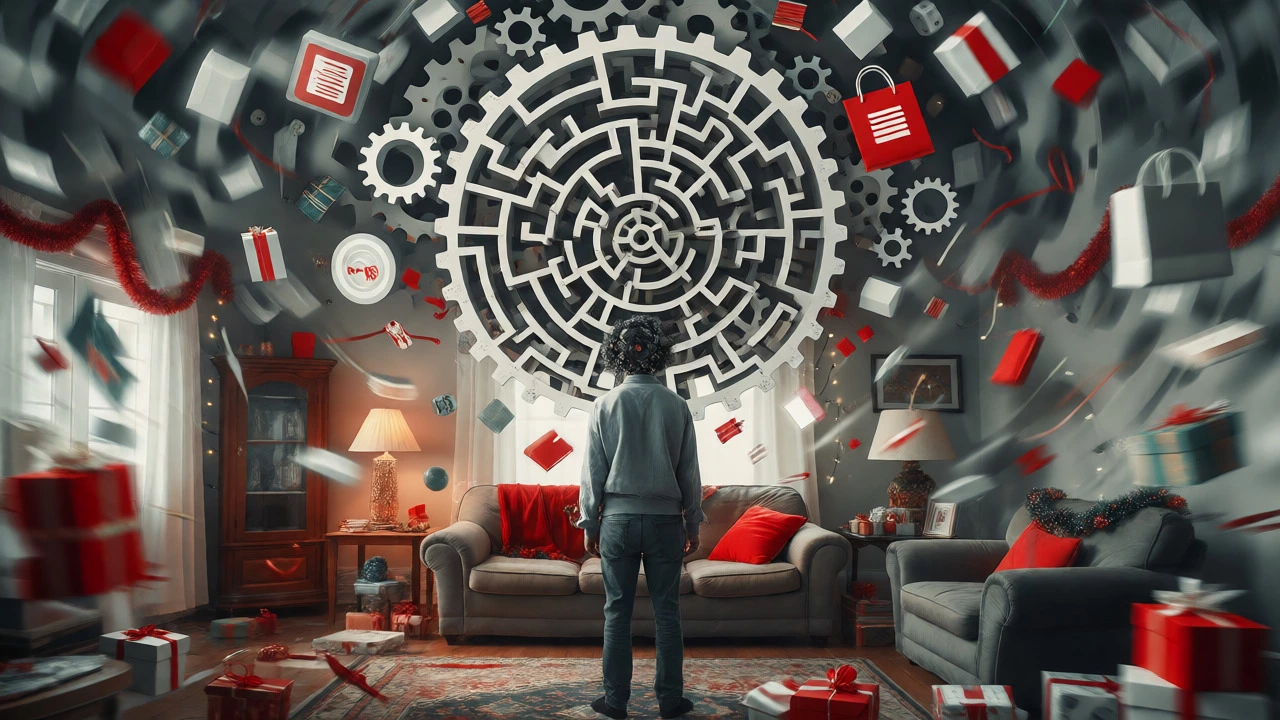 Surreal figure with gear-head surrounded by Christmas chaos illustrating decision fatigue