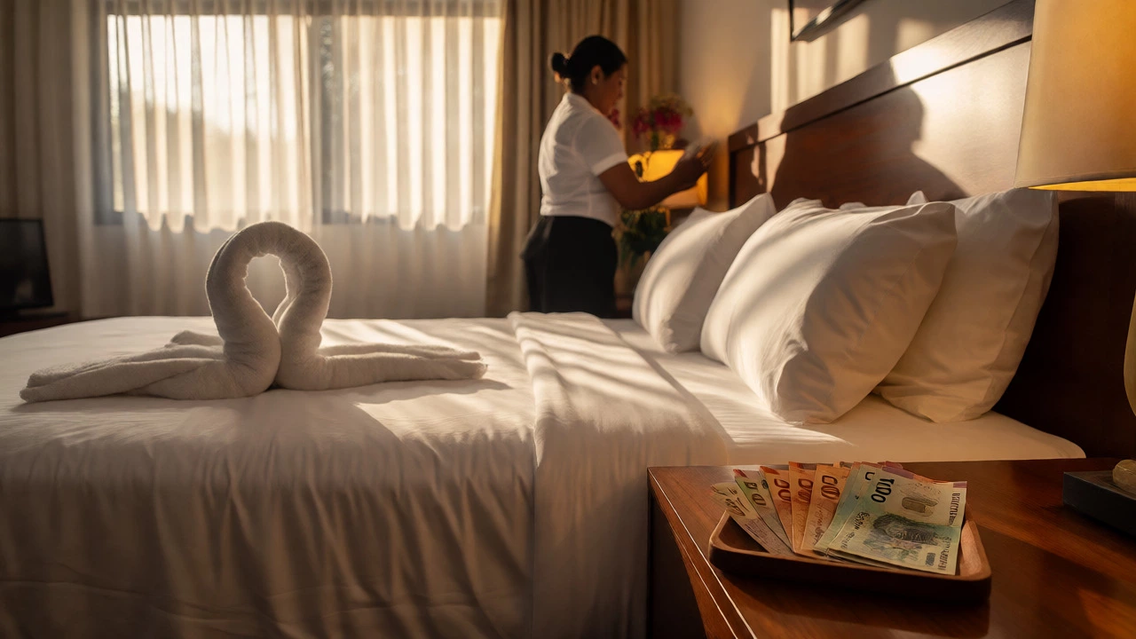 Tip left on nightstand beside a towel animal in a hotel room