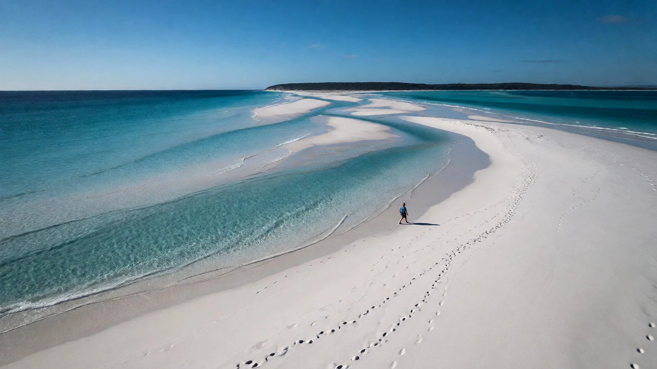 Traveler walking on the white silica sands of Whitehaven Beach with turquoise water