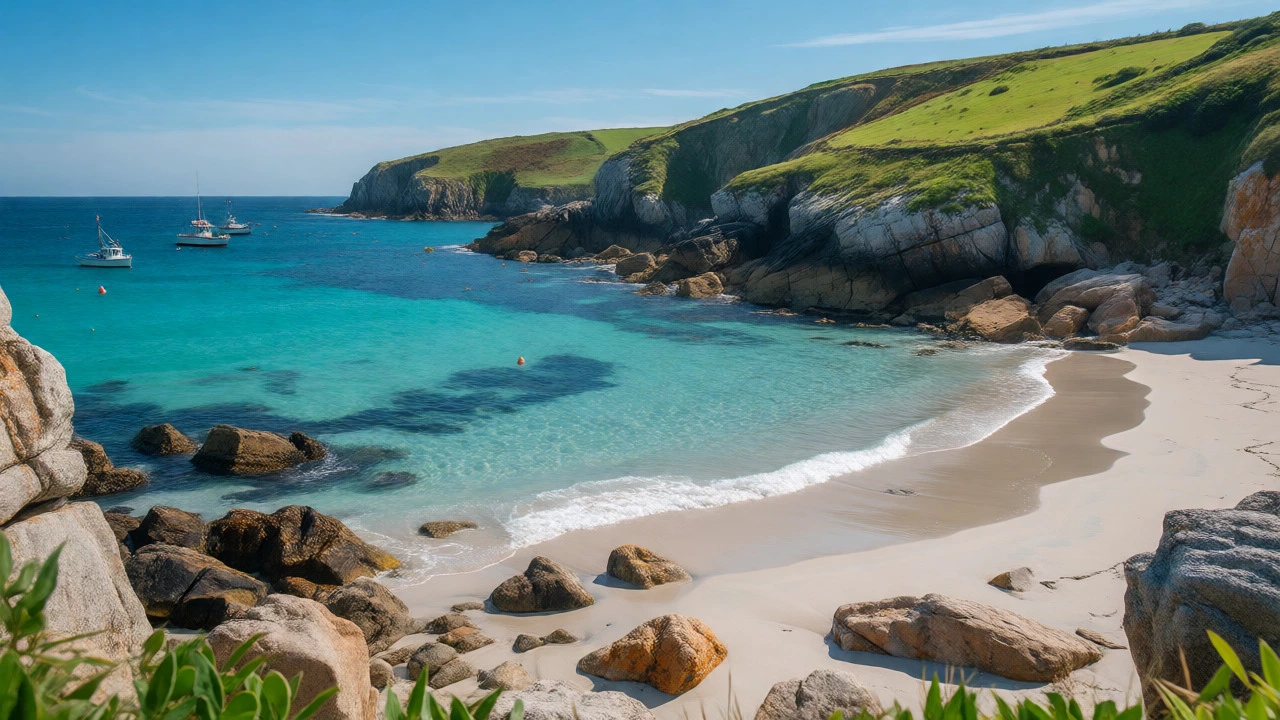 Turquoise waters and granite boulders at Porthcurno Beach in Cornwall under bright sunlight.