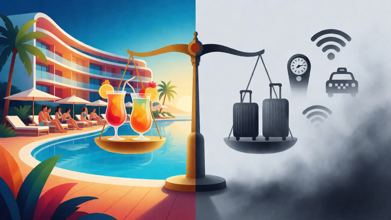 Visual comparison of all-inclusive resort benefits versus hidden travel costs