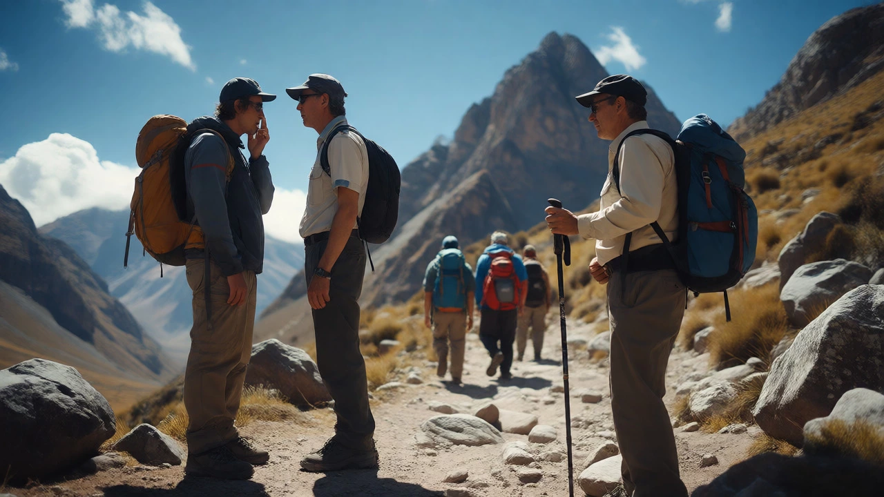 A hiker discreetly speaks with a guide about leaving an Andes trek early.